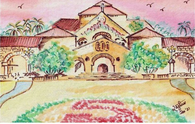 Hand-painted watercolor of Stanford Memorial Church by Talisman